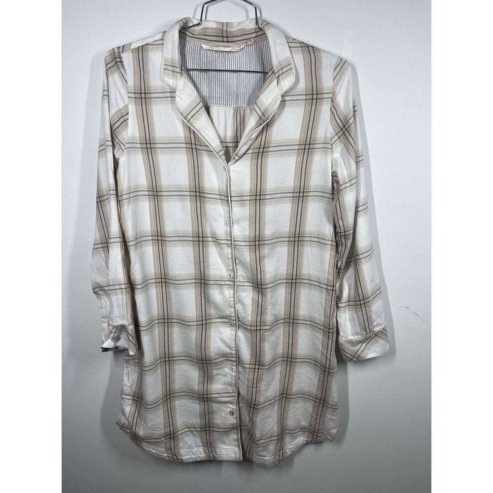 Soft‎ Surroundings Sleep Shirt Pajamas Divine Plaid Nightgown Cream Size M Cozy